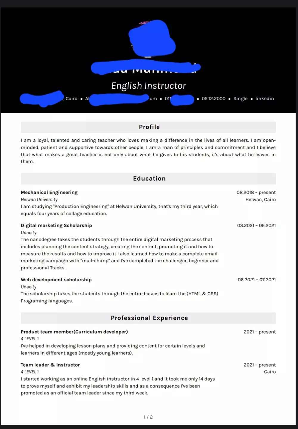 انشاء سيرة ذاتية بشكل احترافي باللغتين العربية او الانجليزية