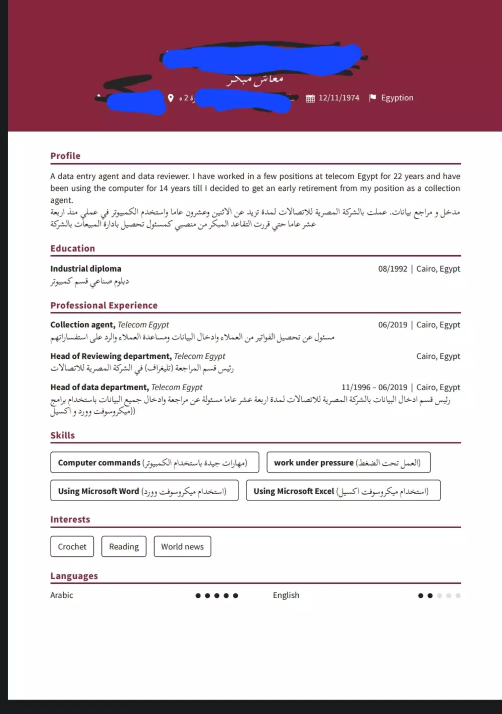 انشاء سيرة ذاتية بشكل احترافي باللغتين العربية او الانجليزية