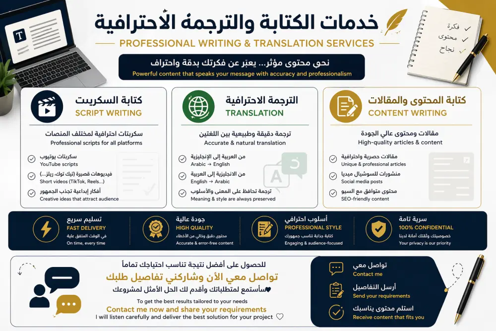 اقوم بكتابه اي شئ باللغه العربيه او الانجليزيه او ترجمه او كتابه سكريبت لصناع المحتوي