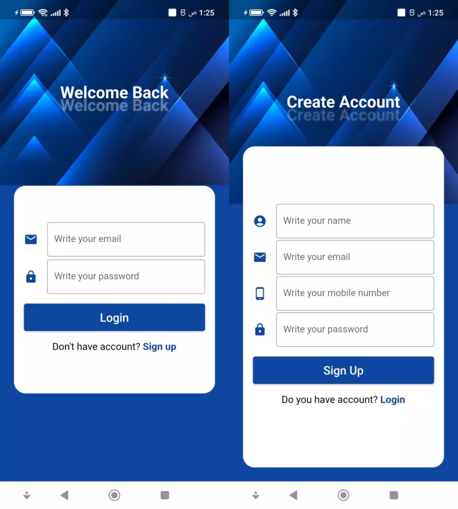 إنشاء واجهة splash وواجهة تسجيل دخول وانشاء حساب مع ربط على Firebase.