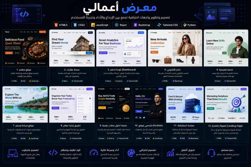 سأقوم بتصميم وتطوير واجهات Front-End احترافية ومتجاوبة لجميع الأجهزة