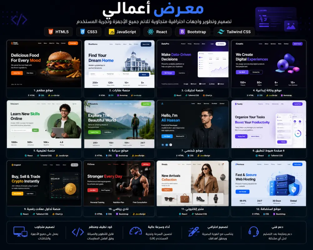 سأقوم بتصميم وتطوير واجهات Front-End احترافية ومتجاوبة لجميع الأجهزة