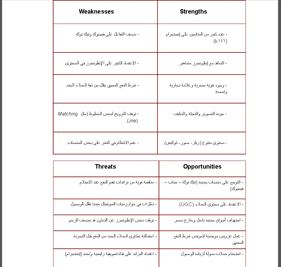 خطة تسويقية كاملة SWOT و محتوى و إعلانات ميتا