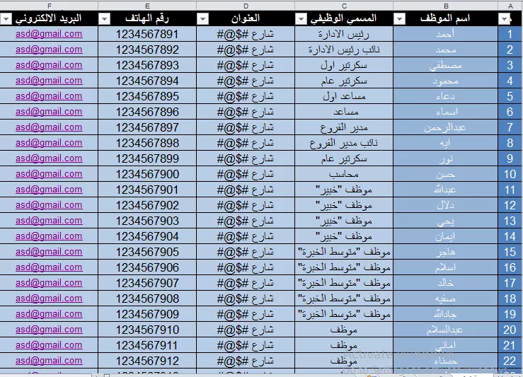 ملف اكسل ل 30 موظف عام بالشركة