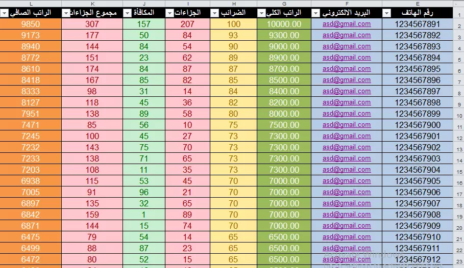 ملف اكسل ل 30 موظف عام بالشركة