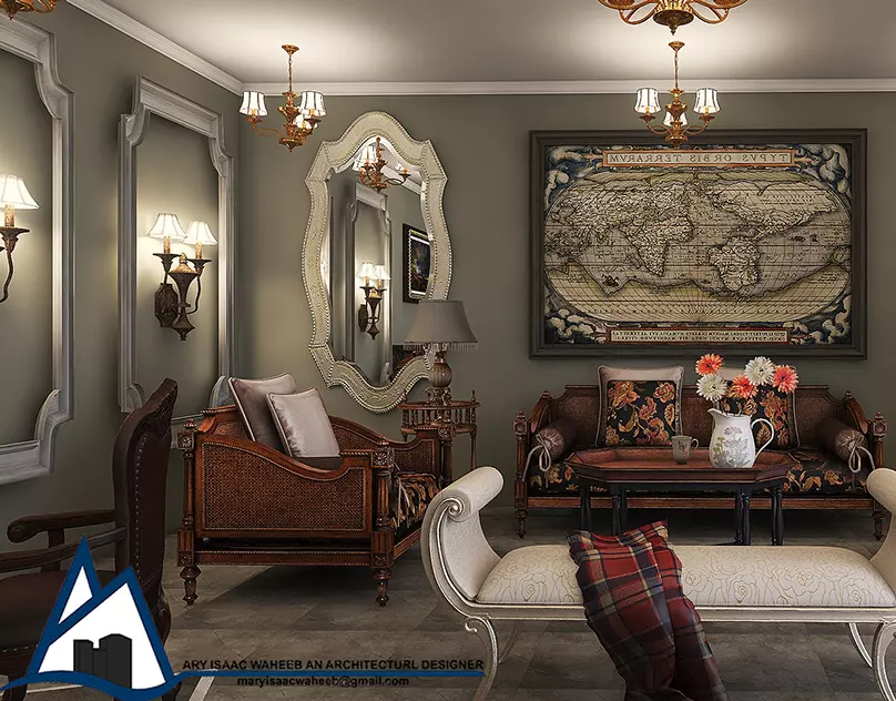 تصميم ديكور لجزء من غرفة المعيشة باضاءة ليلية