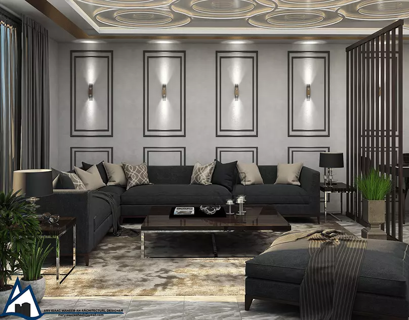 تصميم ديكور لجزء من غرفة المعيشة باضاءة ليلية