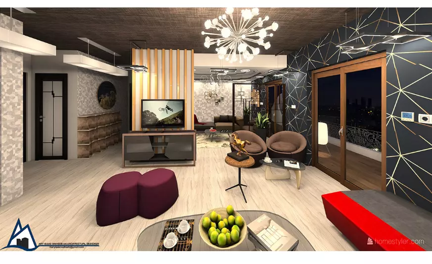 تصميم ديكور لجزء من غرفة المعيشة باضاءة ليلية