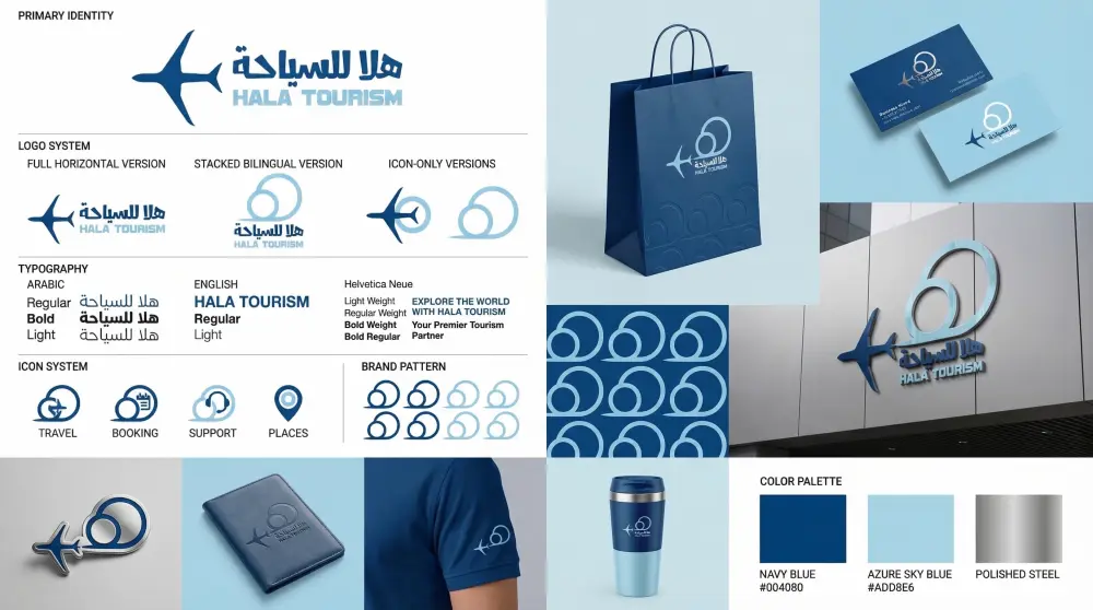 تصميم هوية بصرية متكاملة تشمل لوجو احترافي، ألوان وهوية البراند، خطوط، وتصميمات سوشيال ميديا مع ملف إرشادات للاستخدام.