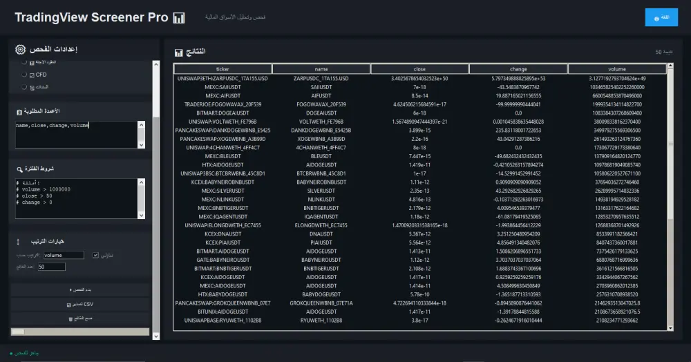 برنامج احترافي لفحص وتحليل الأسواق المالية مثل TradingView مع تصدير النتائج