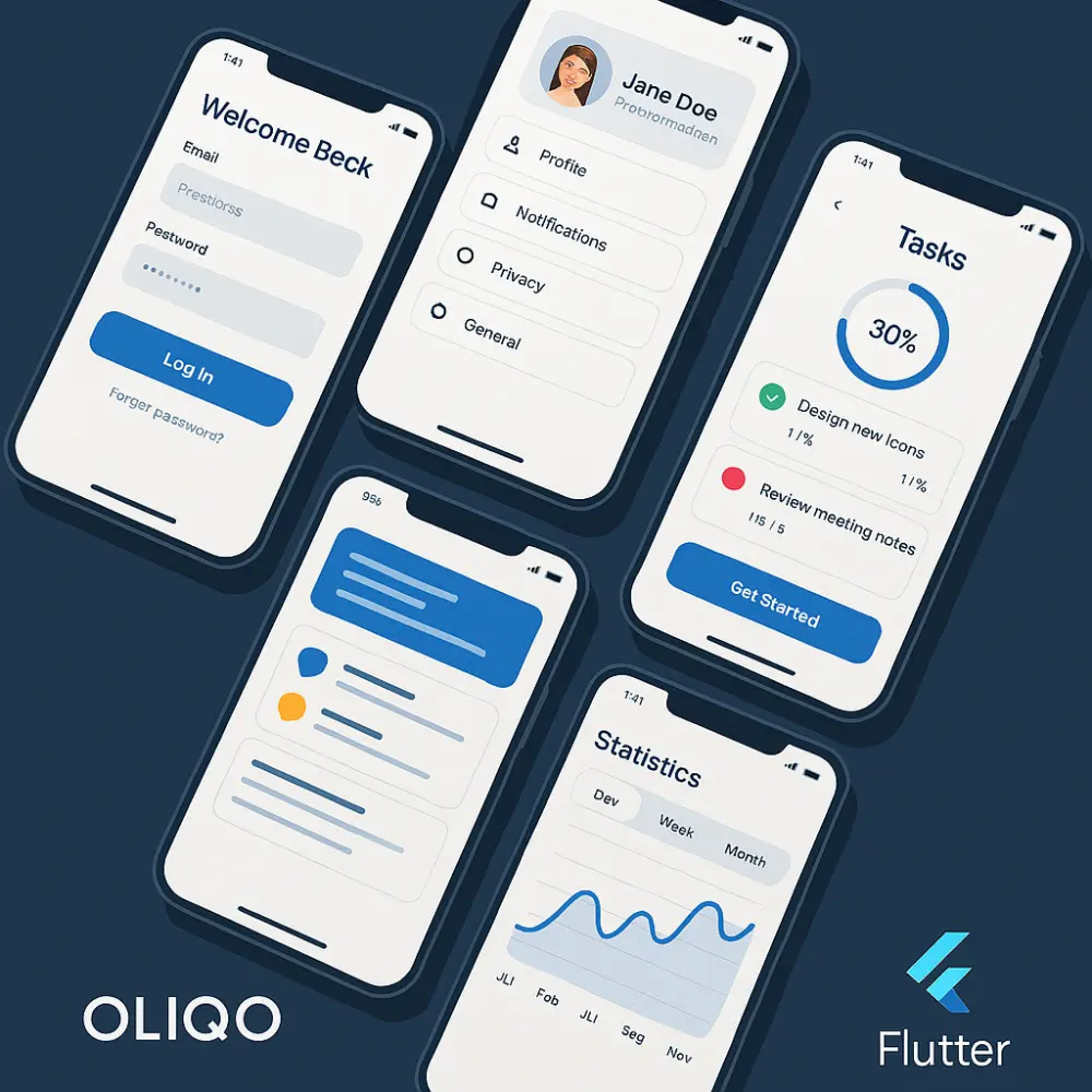 تصميم 5 شاشات Flutter UI احترافية ومتجاوبة