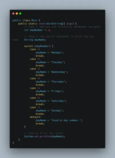 تطبيق Java لطباعة اسم اليوم باستخدام Switch Statement