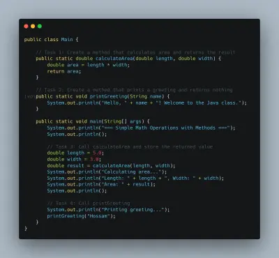 تطبيق Java لحساب المساحة وطباعة الترحيب باستخدام الدوال (Methods)
