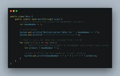 تطبيق Java لطباعة جدول الضرب لعدد محدد باستخدام For Loop
