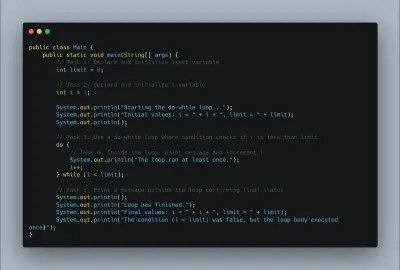 تطبيق Java لتوضيح عمل حلقة Do-While مع تنفيذ الجسم مرة واحدة على الأقل