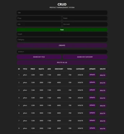 نظام إدارة منتجات (CRUD) متجاوب بواجهة عصرية داكنة