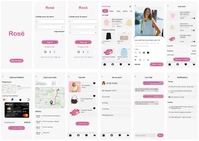 سأقوم بتصميم واجهات كاملة ومبتكرة لتطبيق تسوق ملابس (Clothing App)، بتجربة مستخدم سهلة وجذّابة