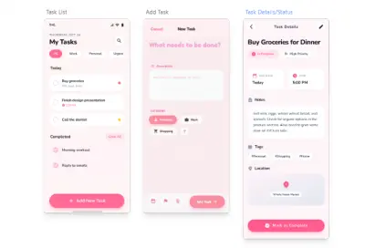 تصميم واجهة مستخدم لتطبيق To-Do List مكون من ثلاث شاشات