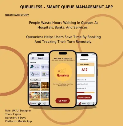 Queueless تصميم تطبيق يوفّر وقتك ويريّحك من الانتظار، اطلب تطبيق مماثل له الان مكون من 10 واجهات