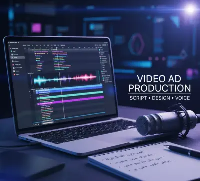 صناعة فيديو إعلاني قصير (نص + تصميم + تعليق صوتي).