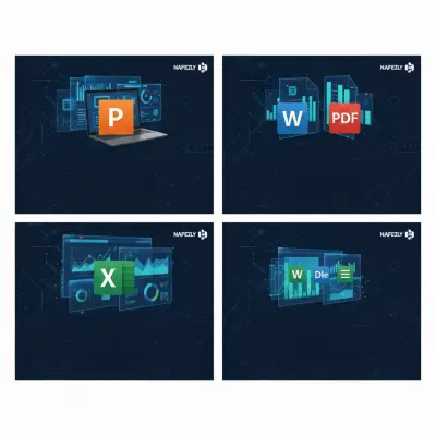 تصميم عروض تقديمية: "تصميم عروض تقديمية (PowerPoint) احترافية وجذابة." تنسيق ملفات: "تنسيق وتحويل ملفات Word و PDF وتصميم نماذج احترافية." إكسل: "إنشاء جداول إكسل احترافية، تنظيم بيانات، ومعادلات متقدمة."