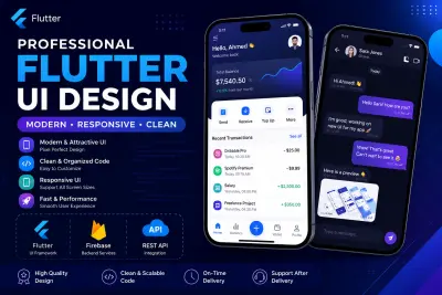 تصميم واجهات UI احترافية باستخدام Flutter لشاشة واحدة أو شاشتين بجودة عالية ومتجاوبة مع جميع الأجهزة، مع تصميم عصري مشابه للتطبيقات العالمية، كود نظيف وسهل التعديل، دعم Dark Mode وإضافة Animations احترافية مع تسليم السورس كود كامل.