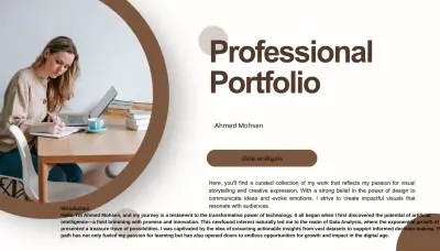 أقدم لك موقع "بورتفوليو" احترافياً يتكون من صفحة واحدة رئيسية (One-Page Website) بنظام التمرير الذكي (Scrolling)، مقسمة إلىSections احترافية تشمل: