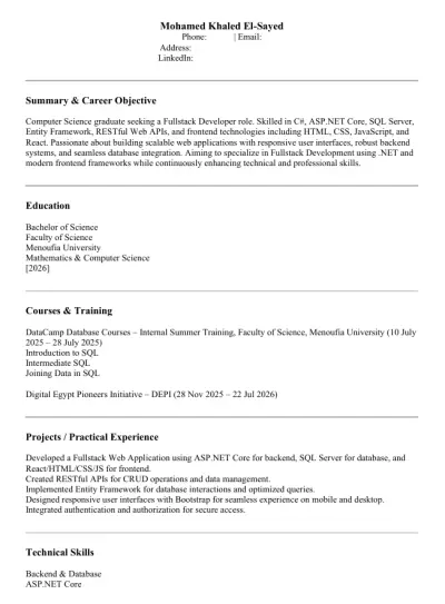 سأقدم لك سيرة ذاتية بنظام ATS تشمل: ✅ تحليل الوظيفة واستخراج الكلمات المفتاحية. ✅ هيكل آمن بدون جداول أو صور. ✅ صياغة إنجازاتك بأرقام. ✅ اختبار الملف لضمان قراءته آلياً. ✅ تسليم بصيغة PDF أو Word جاهز للاستخدام.