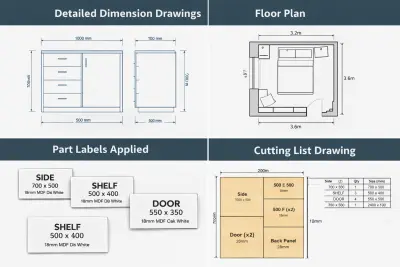 إعداد قائمة تقطيع احترافية للأثاث والمطابخ بكل المقاسات والتفاصيل المطلوبة للتنفيذ.