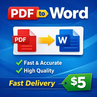 تحويل ملفات PDF إلى Word بسرعة ودقة عالية.مقابل 5 دولار سأقوم بتحويل ملف PDF إلى Word حتى 10 صفحات، ملف واحد فقط، مع تنسيق بسيط، والتسليم خلال 24 ساعة.