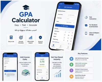 سأقوم ببرمجة تطبيق احترافي لحساب المعدل التراكمي GPA/CGPA بواجهة سهلة وجذابة، مع إمكانية إضافة المواد والساعات المعتمدة والتقديرات وحساب المعدل بدقة وفق النظام المطلوب.