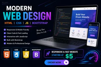 "تصميم وتطوير صفحات ويب تفاعلية وسريعة باستخدام HTML, CSS, JavaScript و Bootstrap"