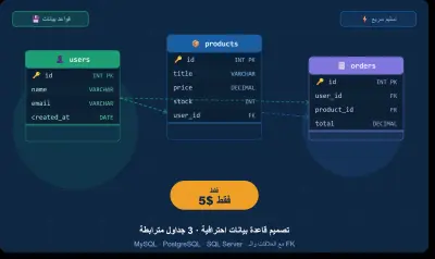 سأصمم لك قاعدة بيانات احترافية تحتوي على 3 جداول مترابطة