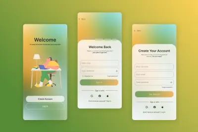 تصميم شاشة بداية وتسجيل دخول وإنشاء حساب ( Log in & Create )