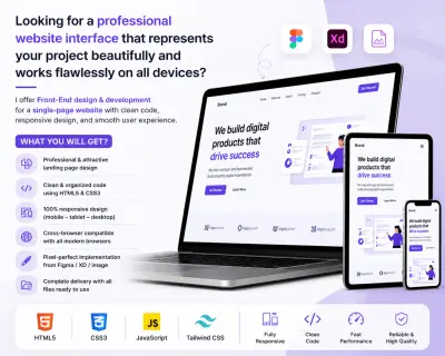 سأقوم بتصميم وتطوير واجهة مستخدم Front-End احترافية لصفحة ويب واحدة، "أحول تصاميمك المبتكرة إلى واقع ملموس عبر أكواد نظيفة
