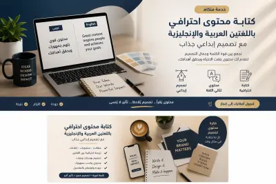 كتابة محتوى احترافي باللغتين العربية والإنجليزية مع تصميم إبداعي جذاب