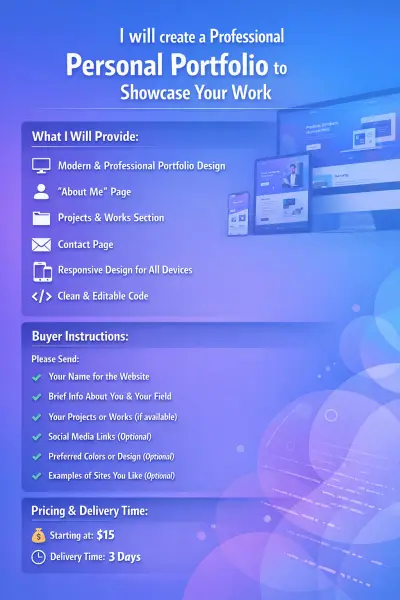 إذا كنت فريلانسر أو مصمم أو مبرمج وتريد عرض أعمالك بشكل احترافي يجذب العملاء، سأقوم بإنشاء موقع بورتفليو شخصي يعكس مهاراتك بطريقة عصرية وبسيطة، مع تصميم متجاوب يعمل على جميع الأجهزة.