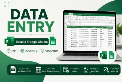 سأدخل البيانات إلى Excel أو Google Sheets بدقة وسرعة