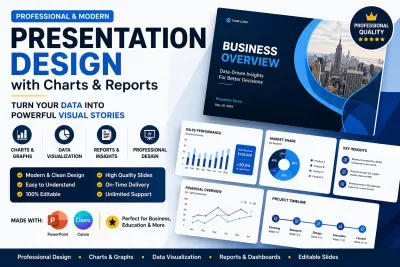 تصميم عرض تقديمي احترافي باستخدام (PowerPoint / Canva) يتضمن رسوم بيانية وتقارير تحليلية