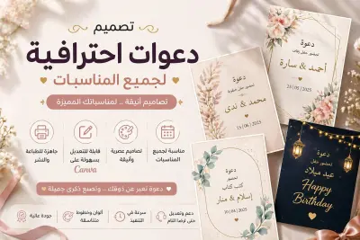 تصميم دعوات احترافية لجميع المناسبات (زفاف – خطوبة – أعياد) جاهزة للتعديل والطباعة