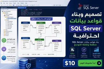 تصميم وبناء قواعد بيانات SQL Server احترافية ومنظمة.