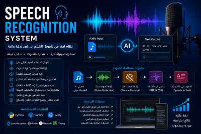 مشروع Speech Recognition (التعرف على الكلام)، وهدفه إنه يأخذ ملف صوتي، ينظفه من الضوضاء، ويحدد أجزاء الكلام، ثم يحول الكلام إلى نص