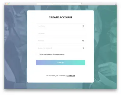 إنشاء صفحة تسجيل حساب حديثة ومتجاوبة تعمل على جميع الأجهزة مع تصميم احترافي وسهل الاستخدام.