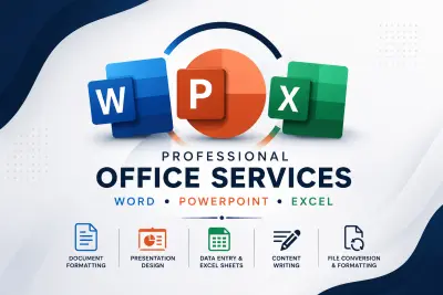أقدم خدمات احترافية في Word وPowerPoint وExcel بجودة عالية وتصميمات منظمة واحترافية.