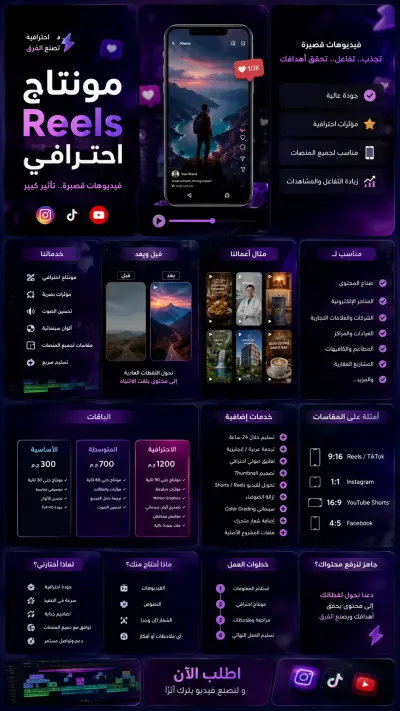 تصميم ومونتاج فيديوهات Reels وShorts وTikTok احترافية تجذب الانتباه وتزيد التفاعل