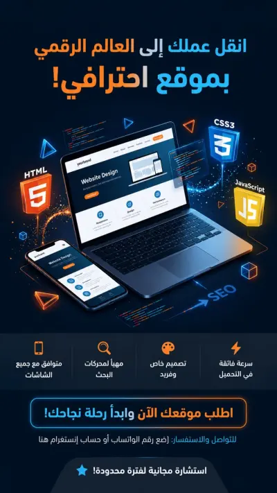 صورة العمل وتطوير موقعك الإلكتروني من الصفر باستخدام أقوى ثلاثي في عالم الويب: HTML5, CSS3, و JavaScript.