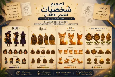 سأصمم شخصيات متناسقة ثابتة لقصص الأطفال مع Character Reference Sheet