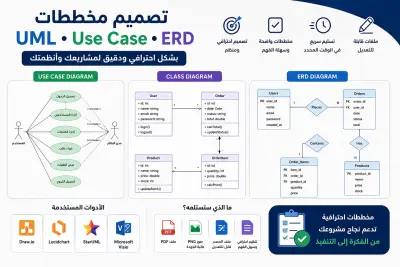 سأقوم بتصميم UML و Use Case و ERD Diagrams بشكل احترافي للمشاريع والأنظمة