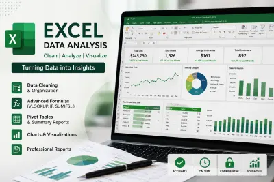 تحليل وتنظيف البيانات علي excel وإنشاء pivot tables وعرض المعلومات في لوحه معلومات علي excel
