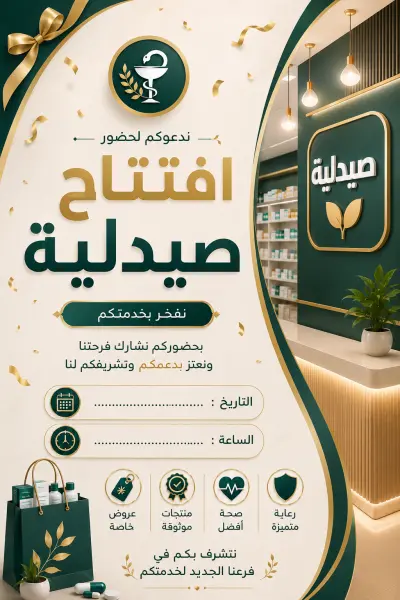 🎉 تصميم دعوة افتتاح صيدلية باحترافية وأناقة